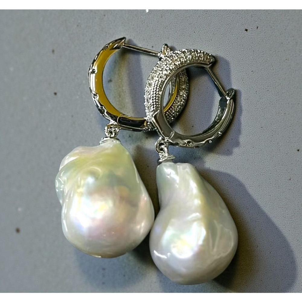 Sterling Silver 16MM Baroque Pearl & White Zircon Huggie Style Earrings - Picture 3 of 5